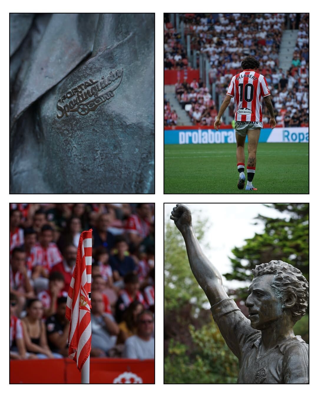 Composición de detalles del partido: el escudo, la grada y la estatua de El Molinón